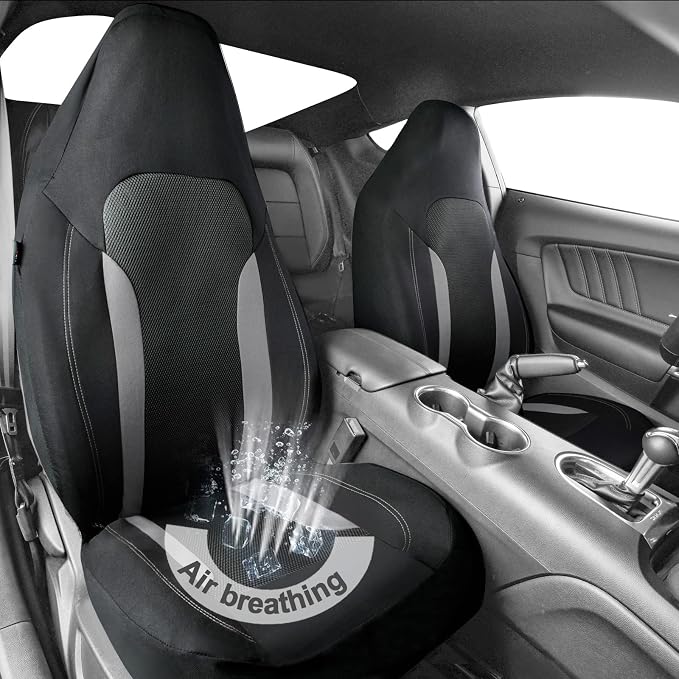 CAR PASS Bucket Gray Car Seat Cover Front Seats, 3D Air Mesh-100% Breathable Sporty Fabric High Back Airbag Compatible, Universal Fit Automotive SUV Truck Sedan Vans, Two Front 2 Piece Black Gray