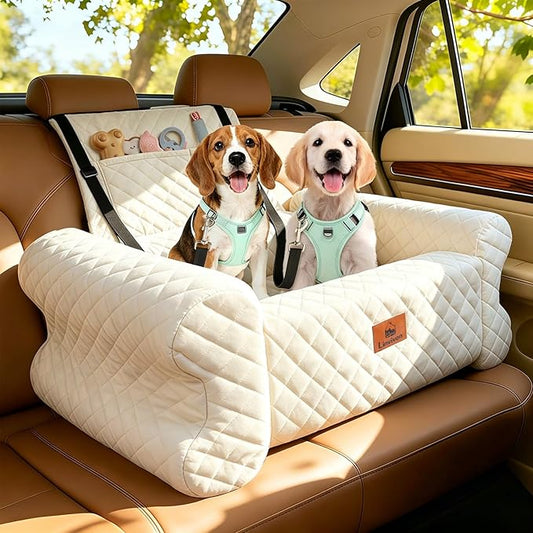 Dog Car Seat for Medium/Large Dogs up to 60 lbs, Memory Foam Dog Booster Seat with Thick Cushion, Pet Car Seat for Back with Detachable Washable Cover, Storage Pockets for SUV, Pick Up, Trunk, White
