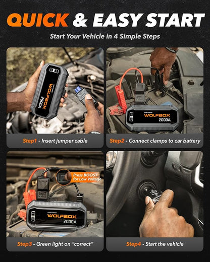WOLFBOX 2000A Jump Starter, 44.4Wh Battery Jumper Starter Portable with LED Display, 12V Car Battery Jump Starter Pack (7L Gas 6L Diesel Engine) with Booster, LED Light, Jumper Cables (NO Adapter)