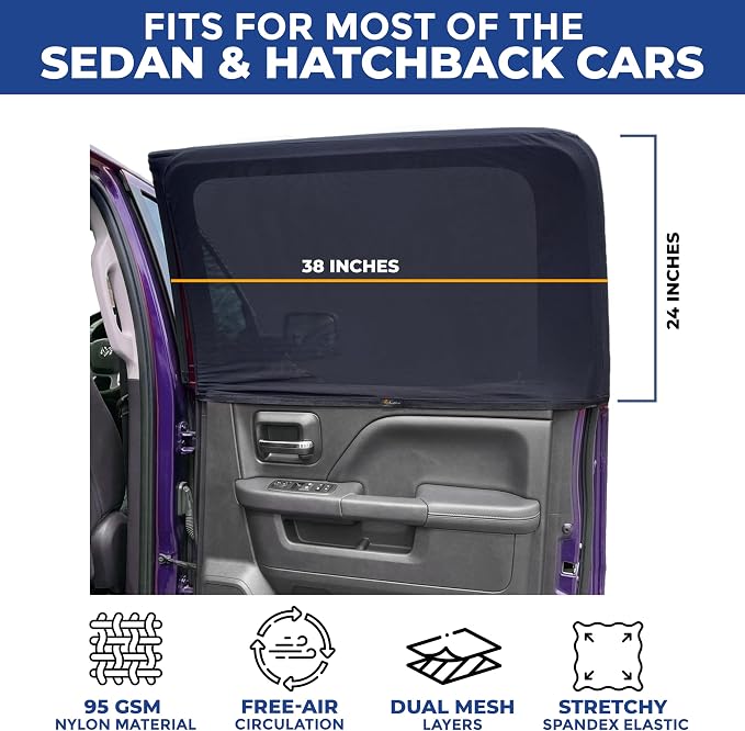 EcoNour Car Side Window Sun Shade (Pack of 2) | Stretchable & Breathable Car Window Screens for Complete Sun & Privacy Protection | Fits Most Truck, SUV and Minivan (XL 24" x 38")
