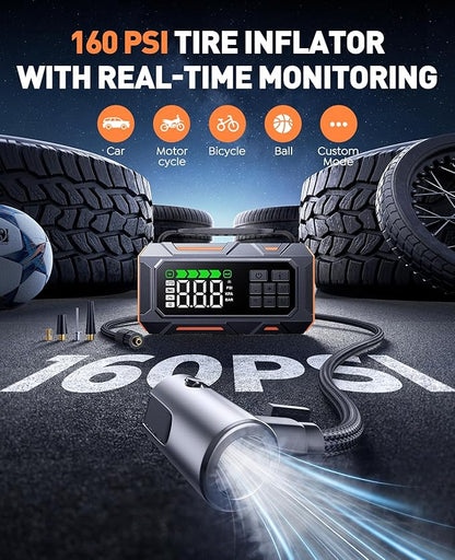 TREKURE 16-in-1 8000A Car Battery Jump Starter with Air Compressor 160PSI, Jump Starter Jump Box (All Gas 12L Diesel) with Portable Jumper Cables, Auto-Shutoff Tire Inflator, Gloves, Tow Rope
