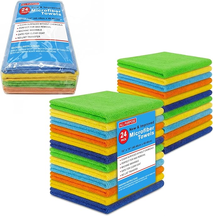 Blue Horizon Assorted Color Microfiber Cleaning Towels, Pack of 24, Ultra Soft Plush Washcloth Shop Towels, All Purpose Premium Microfiber Detailing Cleaning Cloths (16" x 16", Mix Color)