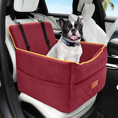HEGGCOOE Dog Car Seat for Small Medium Dogs, Memory Foam Puppy Dog Booster Seat with Thick Cushion for Dogs Under 35lbs, Detachable Washable Pet Car Seat Travel Bed with Storage Pockets,2 Safety Belts
