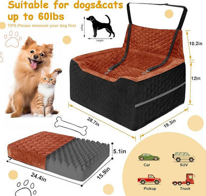 Dog Car Seat for Medium/Large Dog Booster Seat Under 60 lbs or 2 Small Dogs, Multi-Functional Pet Car Seat with Thick Cushion, 2 Safety Leashes (Black/Red Brown, Medium)