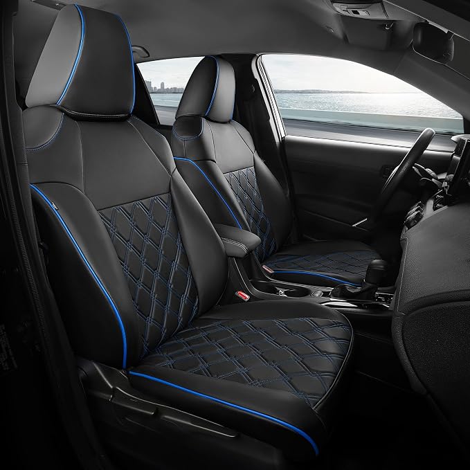 FREESOO for Toyota Corolla Seat Covers L LE 2020 2021 2022, Luxury Leather Seat Covers for Cars, Custom Fit Car Seat Covers, Waterproof Car Seat Cover Cushions Protector, Black Blue Full Set