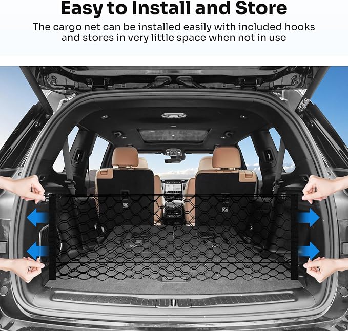 Canvcle Trunk Cargo Net for 2021-2026 Jeep Grand Cherokee L (7 Seats) Accessories Envelope Style Mesh Trunk Net Organizer and Storage Stretchable Adjustable Elastic Nylon Rear Cargo Netting with Hooks