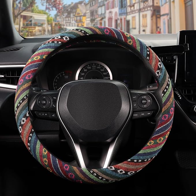 SEG Direct Boho Steering Wheel Cover with Baja Blanket Cloth, Ethnic Style Auto Wheel Cover Made of Coarse Flax, Fits 14 1/2-15 1/4 inches Car Wheel