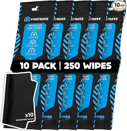 Fortress Car Interior Wipes with Microfiber Cloth (25 ct, Pack of 10) for Car Interior Cleaning, Dashboard, Seats, Detailing, and Steering Wheel [Travel Size] Skin-Safe Car Interior Cleaner Supplies