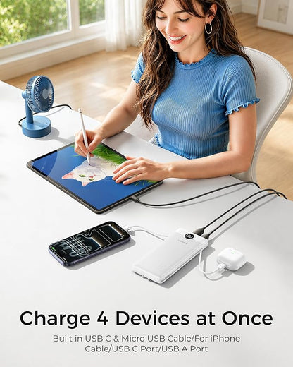 VEGER Portable Charger with Built-in AC Plug and Cables, All in One 10000mAh Ultra Slim Power Bank Travel Essentials, Fast Charging Battery Pack Compatible with iPhone, Samsung, Android, White
