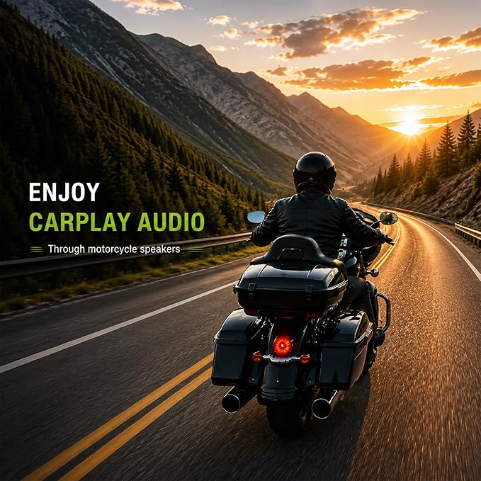 Motorcycle CarPlay Bluetooth Headset Bypass Adapter for Harley 12.3” Skyline OS, Newer Gold Wing Models, No Headset Required, USB-C Passthrough Charging, Military Green