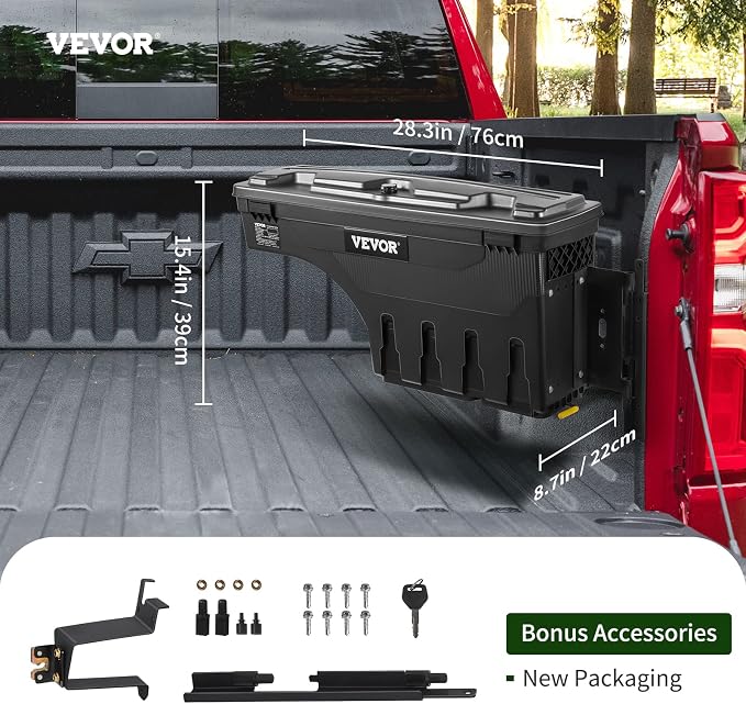 VEVOR Truck Bed Storage Box, Compatible with Chevrolet Silverado 1500 GMC Sierra 1500 2019-2020 R, Waterproof ABS Wheel Well Tool Box with Lockable Lid, 6.6 Gal/25 L Toolbox, Passenger Side, Black