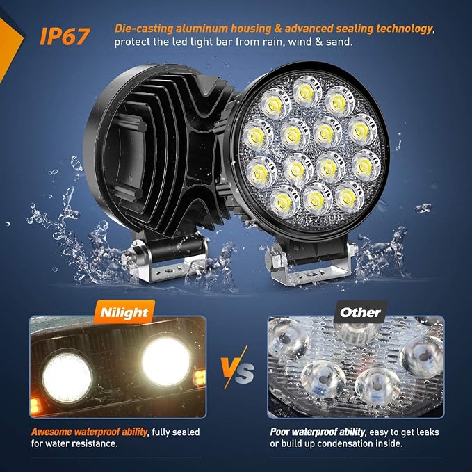 Nilight LED Pods 2Pcs 4.5Inch 42W 4200LM Round Flood Light Off Road Lights Fog Lights Driving Roof LED Light Bar Work Light with 16AWG Wiring Harness Kit-2 Leads