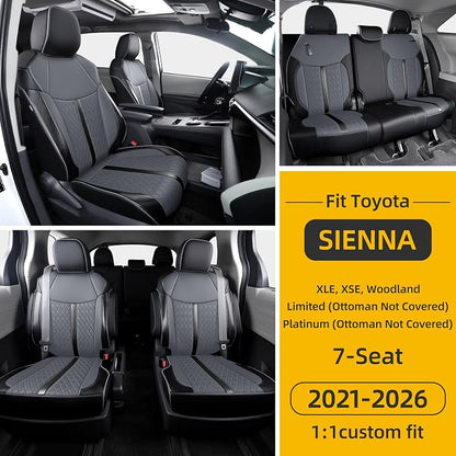 Custom Fit Sienna Seat Covers for 2021-2026 Toyota Sienna 7-Seat XLE XSE Woodland Limited Platinum [Ottoman Not Covered], Waterproof Faux Leather Full Set Airbag Compatible (Black+Grey)