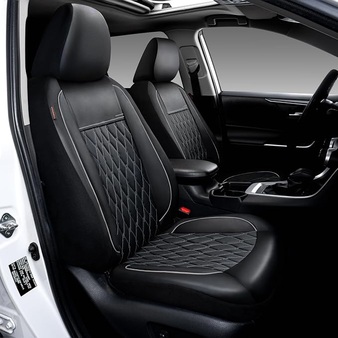 CAROMOP Faux Leather Car Seat Covers 2 Front Set,Luxury and Comfortable Seat Covers for Cars, Airbag Compatible Car Interior Covers, Universal Fit for Suvs,Vans,Trucks(Black/Grey)