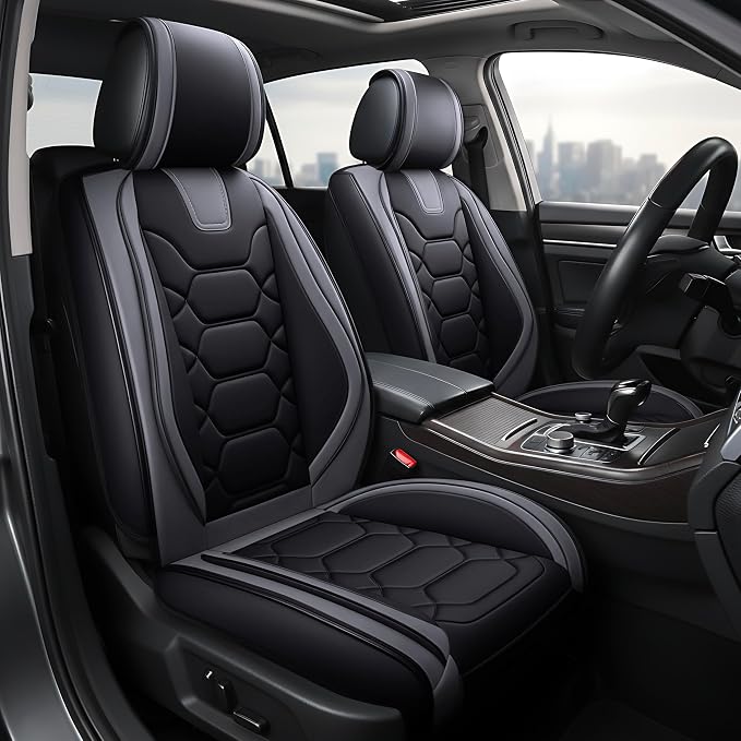 OASIS AUTO Car Seat Covers Full Set, Sporty Faux Leather with Honeycomb Pattern, Waterproof Universal Fit for SUV, Sedan, Pick-up Truck, Automotive Interior Accessories (OS-004 Black&Gray)