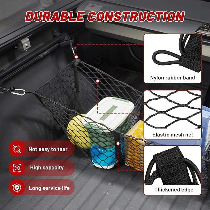 RED WOLF 3 Pocket Truck Bed Cargo Net for Toyota Ford Dodge GMC Chevy Silverado, Universal Pickup Mesh Storage Net 47.2" x 11.8" Stretchable Elastic Truck Bed Grocery Holder Net with 4 Ball Bungees