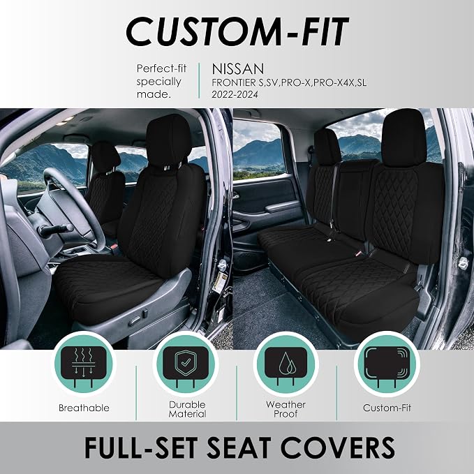 FH Group Custom Fit Car Seat Covers Specifically Made for 2022-2026 Nissan Frontier, Full Set Black Ultraflex Neoprene Waterproof Automotive Seat Covers for Pickup Truck, Nissan Accessories