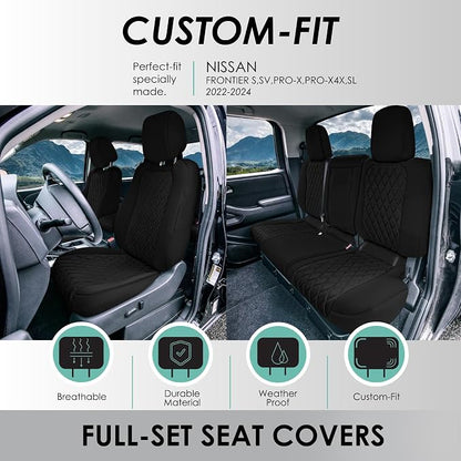 FH Group Custom Fit Car Seat Covers Specifically Made for 2022-2026 Nissan Frontier, Full Set Black Ultraflex Neoprene Waterproof Automotive Seat Covers for Pickup Truck, Nissan Accessories
