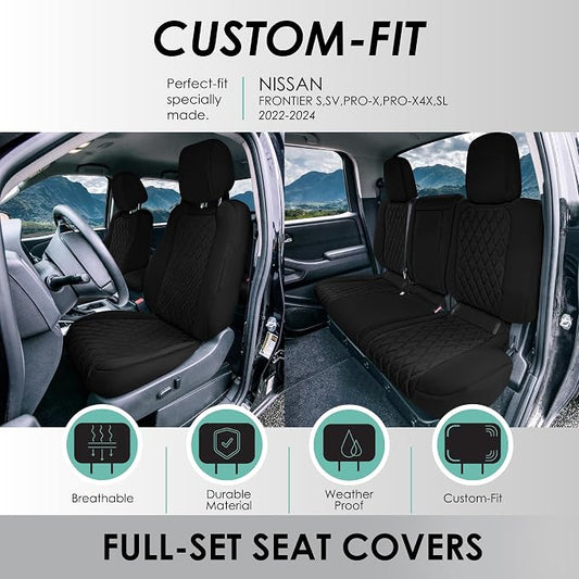 FH Group Custom Fit Car Seat Covers Specifically Made for 2022-2026 Nissan Frontier, Full Set Black Ultraflex Neoprene Waterproof Automotive Seat Covers for Pickup Truck, Nissan Accessories