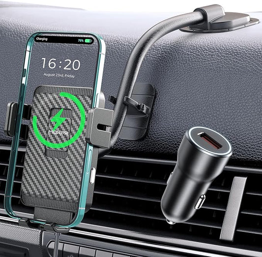MOKPR Wireless Car Charger, Adjustable Gooseneck Car Mount Auto-Clamping Car Charger, Dashboard [with Anti Shake stabilizer] Phone Holder fit for iPhone 17 16 15 14 13 12, Samsung,with QC 3.0