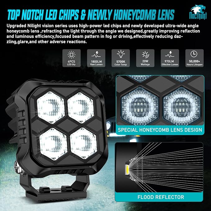 Nilight LED Pod Light 2 PCS 2.8 Inch 20 W 4 LED Square Hyper Flood Beam Driving Offroad Lights w/18AWG Rocker Switch Wiring Harness Kit for Truck Motorbike Boat ATV UTV SUV