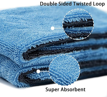LIVOS 1000GSM Car Drying Towel, 18" x 24" Dual Sided Microfiber Towels for Cars, Ultra Absorbent Lint & Scratch-Free, Edgeless Twisted-Loop, Premium Wash Towel, Blue&Grey