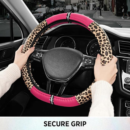 Road Comforts Leopard Steering Wheel Cover for Women, Cute Anti-Slip Microfiber Leather, Fits D Shape Flat Bottom Steering Wheel 14.5-15 Inch - HotPink