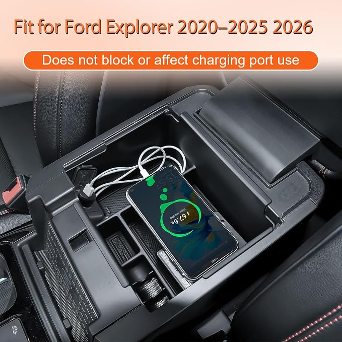Ford Explorer 2020-2026 Console Organizer Tray, | Easy Access to Charging Port, Armrest Storage Box, Coin Holder & Rubber Mats, Black Trim
