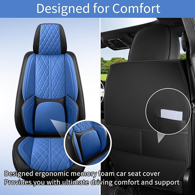 Custom Fit Chevy Silverado GMC Sierra 1500 2007-2026 2500/3500 HD Crew Cab Full Set Car Seat Covers - 5 Pack, Premium Faux Leather Truck Seat Protector with Airbag Compatible Design, BlackBlue