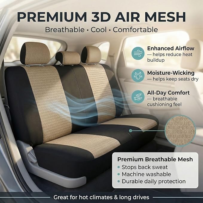 FH Group Automotive Seat Cover Trendy Elegance for Back Seat Begie Car Interior Accessories for SUV, Sedan & Van Universal Fit Combo Rear Seat Cover Split Bench Car Seat Protector for Dogs and Kids