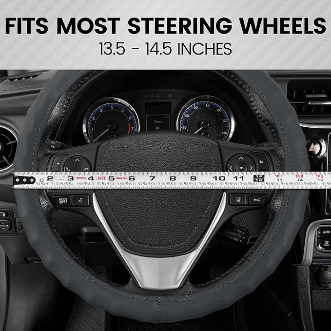 BDK Genuine Gray Leather Steering Wheel Cover for Car, Small 13.5-14 inch – Ergonomic Comfort Grip for Men & Women, Car Steering Wheel Cover for Vehicles with Small Steering Wheels