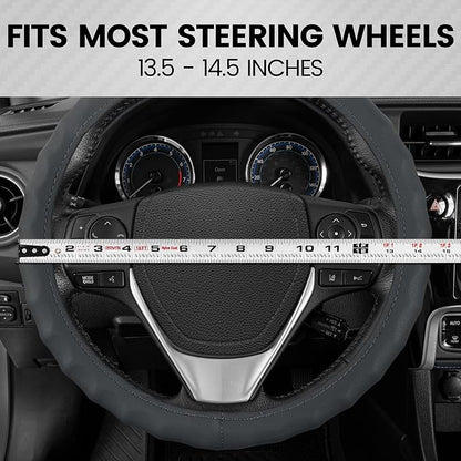 BDK Genuine Gray Leather Steering Wheel Cover for Car, Small 13.5-14 inch – Ergonomic Comfort Grip for Men & Women, Car Steering Wheel Cover for Vehicles with Small Steering Wheels