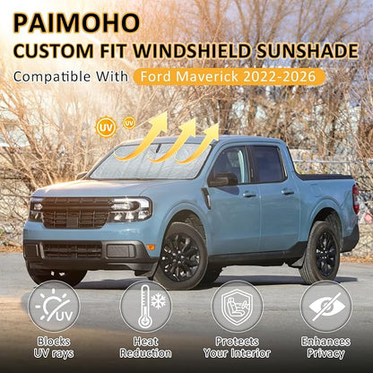 Thickened Windshield Sun Shade for Ford Maverick 2022-2026 | Accordion Front Window Sunshade Aluminum Reflective UV Protection Shield, Foldable Sun Visor with Storage Bag Car accessories