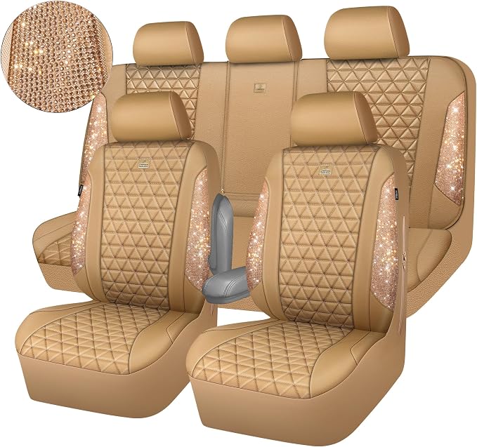 CAR PASS Bling Diamond Beige Leather Car Seat Covers Full Sets Interior Set, Waterproof Shining Glitter Sparkly Crystal Universal Armrest Fit for Automotive Truck SUV Cute Women Girl, Beige Rhinestone