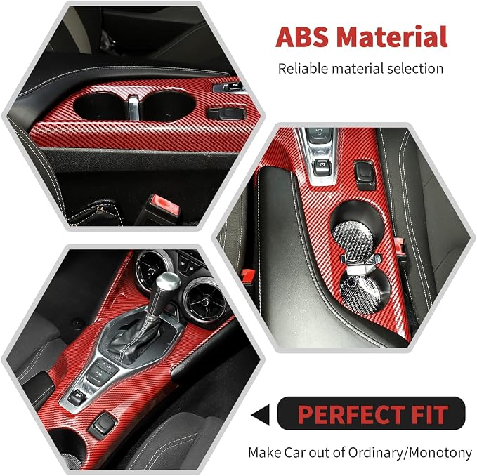 RT-TCZ Center Console Gear Shift Panel Trim Cover Cup Holder Frame Interior Decoration Kit Accessories for Chevrolet Camaro 2016-2022,Red Carbon Fiber