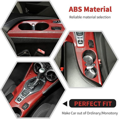 RT-TCZ Center Console Gear Shift Panel Trim Cover Cup Holder Frame Interior Decoration Kit Accessories for Chevrolet Camaro 2016-2022,Red Carbon Fiber