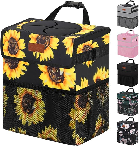 Vankor 3 Gallons Car Trash Can with Lid, Car Bag Bin Hanging Waterproof Automotive Garbage Cans Leak Proof Vehicle Trash Can Sunflower