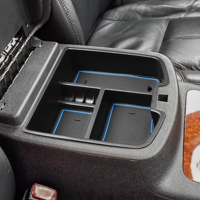 HGWEI Center Console Organizer Compatible with 2007-2014 Chevy Silverado GMC Sierra Avalanche Tahoe Suburban Yukon Yukon XL Accessories, Floor Mounted Center Console ONLY,Blue Trim