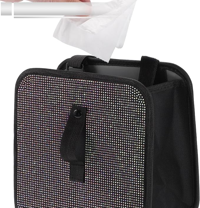 1 Pcs Universal Car Trash Can Hanging 9.1" Length 5.5" Width 9.1" Height Trash Bin Multicolor Fabric Rhinestone