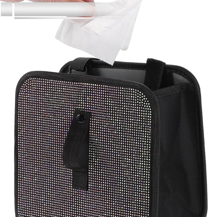 1 Pcs Universal Car Trash Can Hanging 9.1" Length 5.5" Width 9.1" Height Trash Bin Multicolor Fabric Rhinestone