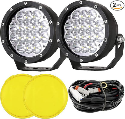 Pair 5 Inch Led Offroad Driving Lights 160w Round Offroad Spot Light Driving Spotlights with Yellow Cover Wiring Harness 12V 24V for Pickup Trucks SUV UTV ATV 4x4