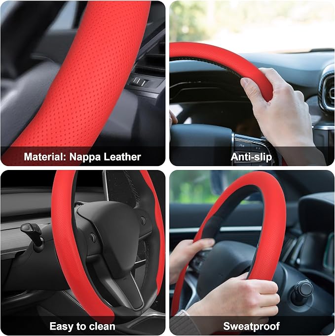 Frani Nappa Leather Steering Wheel Cover,Universal Fit 15 Inch-Premium Non-Slip Breathable Comfort Grip for Cars Trucks SUVs,Anti-Slip Durable Interior Upgrade Red