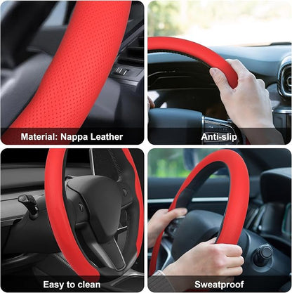 Frani Nappa Leather Steering Wheel Cover,Universal Fit 15 Inch-Premium Non-Slip Breathable Comfort Grip for Cars Trucks SUVs,Anti-Slip Durable Interior Upgrade Red