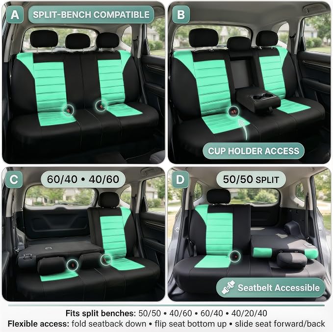 FH Group Automotive Car Seat Covers Rear Set Premium 3D Air Mesh Seat Covers, Airbag Compatible and Split Bench Cover Universal Fit Interior Accessories for Cars Trucks and SUVs - Mint