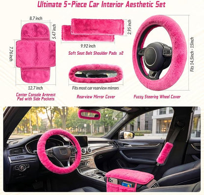 5 Pcs Fuzzy Pink Color Car Accessories Set, Soft Fluffy Plush Steering Wheel Cover, Center Console Armrest Pad & Rearview Mirror Cover - Interior Decorations for Women,Universal Fit (Pink)