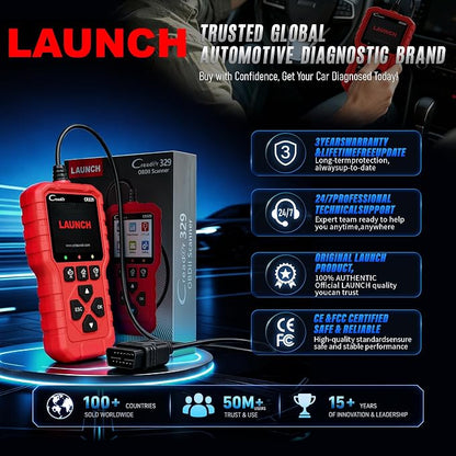LAUNCH Creader 329 OBD2 Scanner, Full OBDII Functions Car Diagnostic Tool, Engine Code Reader with Battery Test, I/M Readiness, Mode 6&8 Test, Data Stream Car Fault Scanner