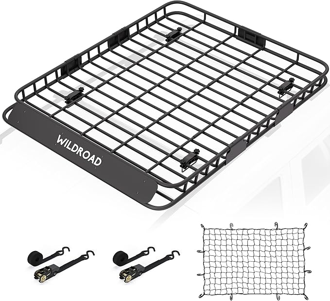 Wildroad Roof Rack Cargo Basket, Upgraded 4” Fence Wide Car Roof Basket, 64"x 50"x 4" Universal Car Top Carrier Basket with Super Duty Bungee Cargo Net and Ratchet Straps Fits for SUV Truck Cars