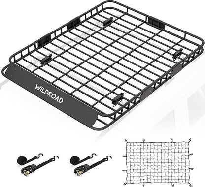 Wildroad Roof Rack Cargo Basket, Upgraded 4” Fence Wide Car Roof Basket, 64"x 50"x 4" Universal Car Top Carrier Basket with Super Duty Bungee Cargo Net and Ratchet Straps Fits for SUV Truck Cars