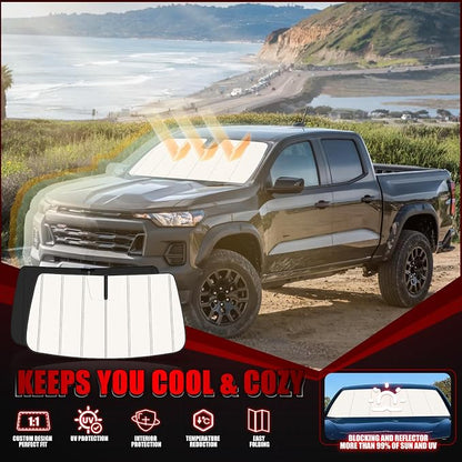 Windshield Sun Shade for Chevy Colorado/GMC Canyon 2023-2026, Front Window Visor Accessories, Folding Design Blocks Heat & UV Rays Maintain Cool Interior and Save Space