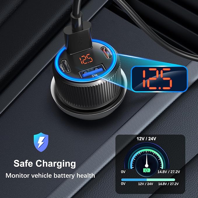 5 Pack USB C Car Charger, 4-Port 65W Car Power Adapter with Voltmeter QC+PD 3.0 Fast Charging Cigarette Lighter USB Charger for iPhone 17/16/15/14/13/12 Pro Max,Galaxy S25/S24,Android(Black)